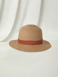 Clariva 1pc Vacation Casual Woven Jazz Straw Hat - Khaki + Brown Ribbon - View 3