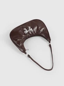 DareSee New Arrival Fashionable Metal Bowknot Decor PU Crescent Plain Arc Crescent Underarm Shoulder Handbag Halloween - Coffee Brown - View 4