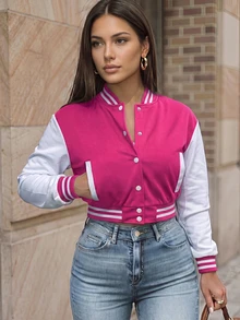 2024 Spring & Autumn European And American Women's Solid Color Jacket, Single-Breasted Baseball Jacket, Sports Outerwear - Rose Red - View 1