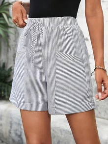 Quần short nữ mùa hè, kiểu dáng thường ngày, thoải mái khi đi nghỉ mát và đi làm, họa tiết kẻ sọc, thắt eo, có túi, gấu quần xắn. - Nhiều màu - Xem 4