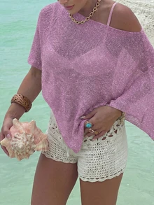 FOR BEAUTY Women's Summer New Knit Top, Casual Style, Purple Solid Color Loose Off-Shoulder Cover-Up, Bohemian Style, Suitable For Beach And Vacation - Purple - View 2