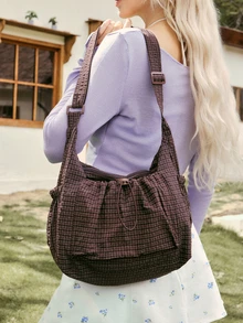 Hatastic New Plaid Drawstring Cloud Pleated Shoulder Bag, Crossbody Bag For Women - Coffee - View 1