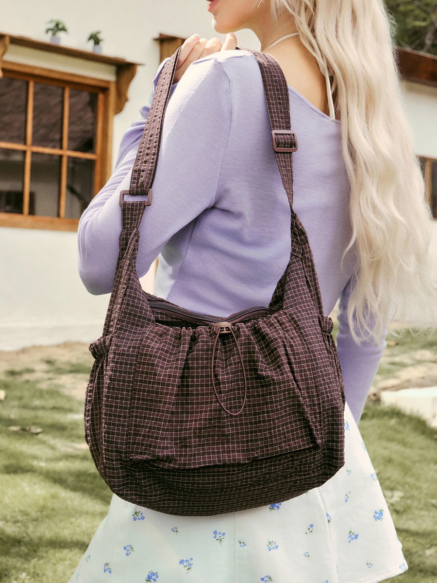 Hatastic New Plaid Drawstring Cloud Pleated Shoulder Bag, Crossbody Bag For Women - Coffee - View 1