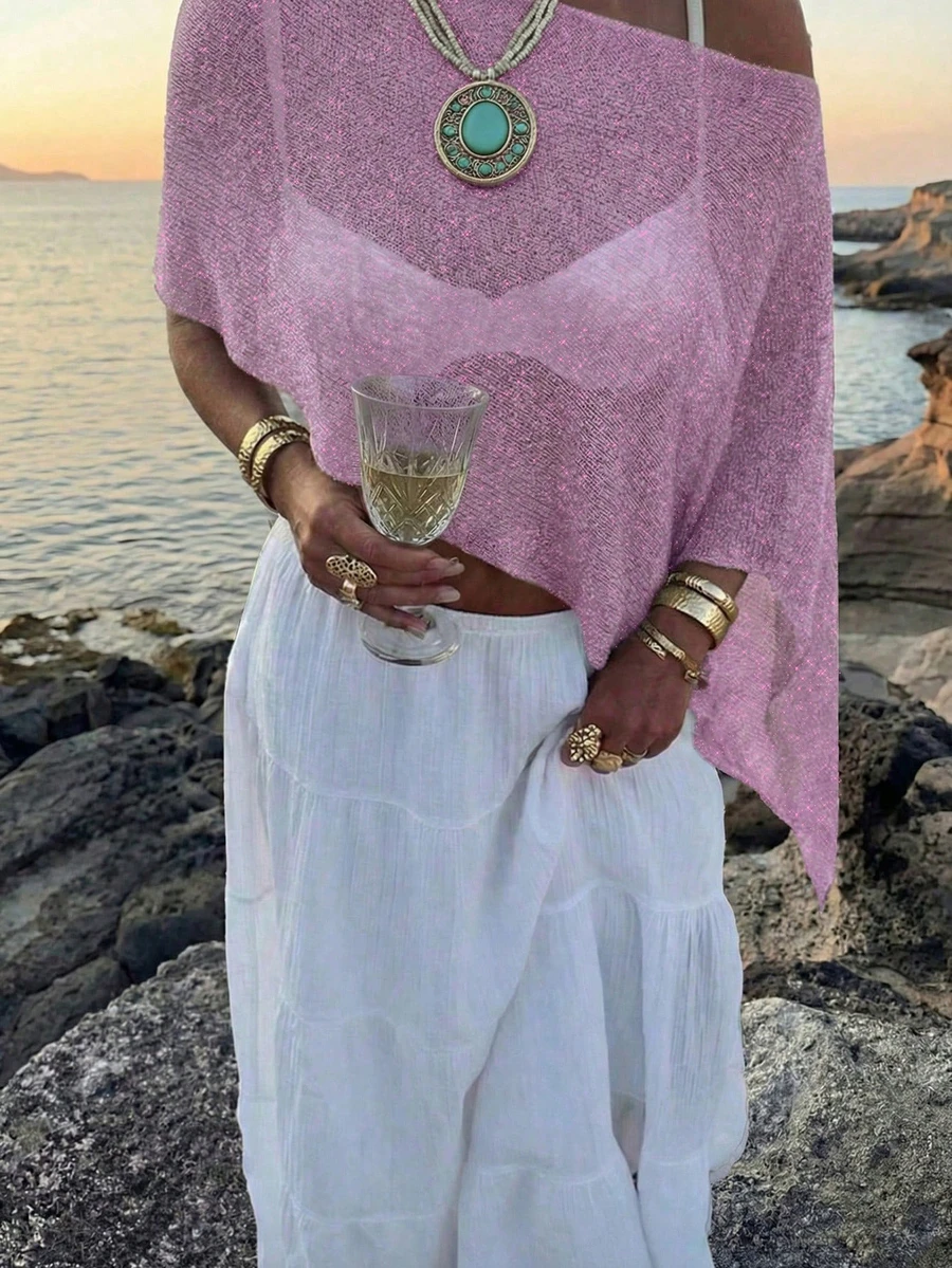 FOR BEAUTY Women's Summer New Knit Top, Casual Style, Purple Solid Color Loose Off-Shoulder Cover-Up, Bohemian Style, Suitable For Beach And Vacation - Purple - View 1