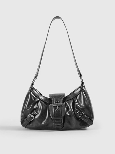 DareSee Y2K Women's Vintage Merlot Distressed Leather Motorcycle Bag With Rivets, Buckle Decor, Pleated Cloud Shoulder/Underarm Bag