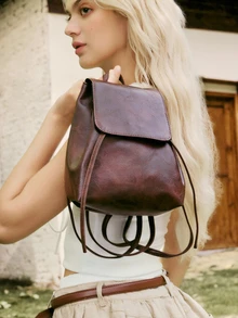 Hatastic 大容量韓系PU後背包，小眾極簡藝術風，抽繩設計，經典度假旅行辦公必備，適合書包、學生後背包，防水輕量便攜，商務休閒風，適合青少年、女性、大學生、教師、上班族，大學、工作、商務、通勤、萬聖節理想選擇 - 咖啡棕 - 查看 5