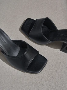 NobleVue Women's Summer New Fashion Simple Strap Black Comfortable Chunky Heel Open Toe Beach Rhinestone Office Commute Sandals - Black - View 5