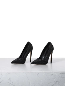 CHICVUE Zapatos de tacón alto de fiesta casuales con punta puntiaguda y textura de piedra negra sexy y de moda para mujeres, tacones de aguja - Negro - Ver 3