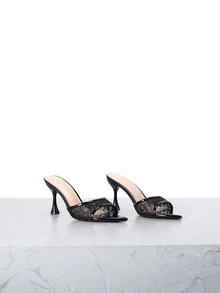CHICVUE Women's High Heel Shoes, Fashionable For Parties, Outdoor Events, Banquets, With Transparent Mesh, Printed Pattern, Soft Mirror-Like Material, Sexy Mule Design, Pointed Toe, Elegant Black Color, Suitable For Casual, Home, Outdoor, Travel, Runway,Spring Summer Outfits - Black - View 2