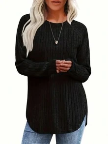 3pcs Women's Ribbed Knit Round Neck Raglan Long Sleeve Tops, Slightly Stretchy Fabric, Perfect For Casual Wear In Autumn And Winter - Multicolor - View 4