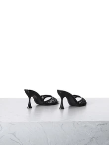 CHICVUE Women's High Heel Shoes, Fashionable For Parties, Outdoor Events, Banquets, With Transparent Mesh, Printed Pattern, Soft Mirror-Like Material, Sexy Mule Design, Pointed Toe, Elegant Black Color, Suitable For Casual, Home, Outdoor, Travel, Runway,Spring Summer Outfits - Black - View 4