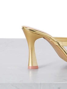 CHICVUE Soft Leather Square Toe Wide Strap Slide Sandals, Pointed Toe High Heel Sandals, Versatile Slim Strap Thong Sandals, Women's Gold High Heel Shoes - Gold - View 6
