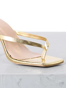 CHICVUE Soft Leather Square Toe Wide Strap Slide Sandals, Pointed Toe High Heel Sandals, Versatile Slim Strap Thong Sandals, Women's Gold High Heel Shoes - Gold - View 5
