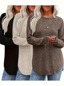 3pcs Women's Ribbed Knit Round Neck Raglan Long Sleeve Tops, Slightly Stretchy Fabric, Perfect For Casual Wear In Autumn And Winter - Multicolor - View 1