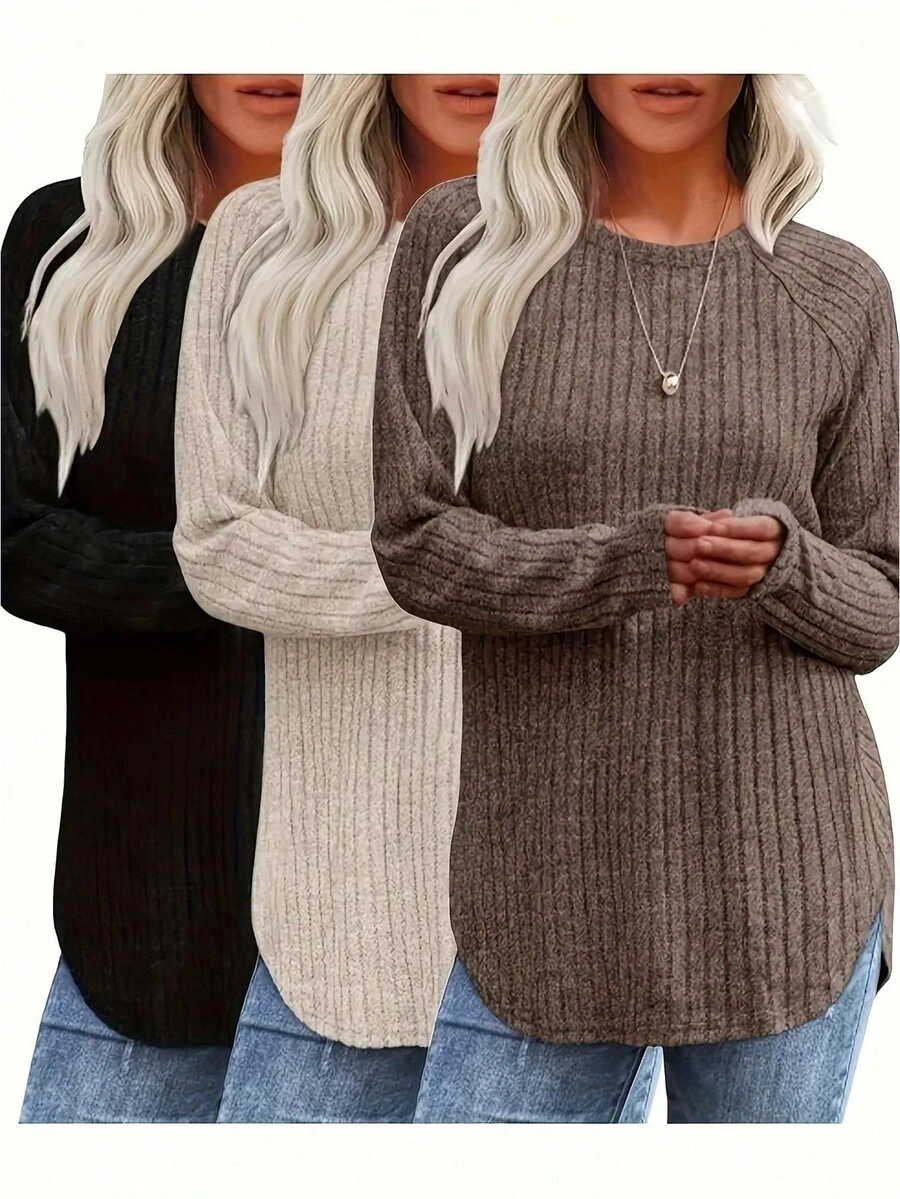 3pcs Women's Ribbed Knit Round Neck Raglan Long Sleeve Tops, Slightly Stretchy Fabric, Perfect For Casual Wear In Autumn And Winter - Multicolor - View 1