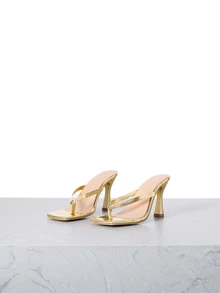 CHICVUE Soft Leather Square Toe Wide Strap Slide Sandals, Pointed Toe High Heel Sandals, Versatile Slim Strap Thong Sandals, Women's Gold High Heel Shoes - Gold - View 3
