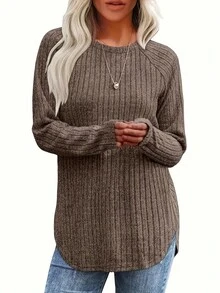 3pcs Women's Ribbed Knit Round Neck Raglan Long Sleeve Tops, Slightly Stretchy Fabric, Perfect For Casual Wear In Autumn And Winter - Multicolor - View 3