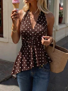 Women's Summer Polka Dot Camisole V-Neck Top, Waist Pleated Ruffle Blouse, Sleeveless Vintage Style, Casual Vacation Wear - Multicolor - View 1