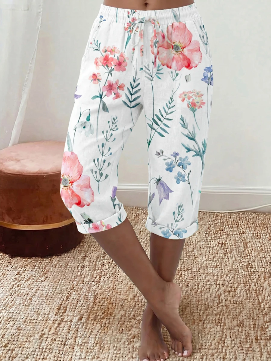 Plus Size Women Floral Print Drawstring Shorts With Pockets, Suitable For Summer Holiday And Daily Wear Pink - Pink - View 1