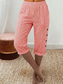 Plus Size Women Striped Bermuda Shorts, Straight Leg Casual Style For Spring Summer - Red - View 1