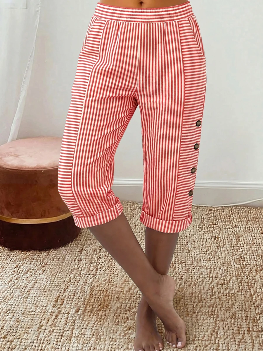 Plus Size Women Striped Bermuda Shorts, Straight Leg Casual Style For Spring Summer - Red - View 1