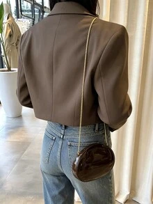 Women's Casual Brown Short Blazer Jacket, Long Sleeve Design, Suitable For Daily And Commute Wear, Autumn/Winter - Coffee Brown - View 2