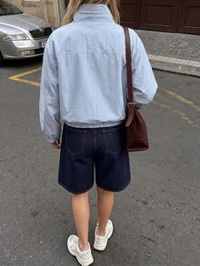 女士时尚浅蓝色宽松立领收腰外套，适合日常休闲穿着，春秋季 - 藍色 - 查看 3