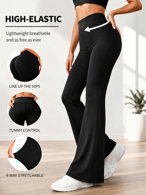 Quần ống loe nữ cạp cao mỏng nhẹ lót mỏng màu đen – Quần legging yoga nén ôm dáng cho chạy bộ & tập thể dục, quần co giãn thoải mái cho chạy bộ & mặc hàng ngày