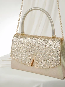 Clariva Bolso de noche para mujer, embrague de moda con tela brillante, bolso de gran capacidad, decoración de metal en forma de V de lujo, adecuado para bodas, fiestas, reuniones, eventos, regalo de cumpleaños, regalo del Día de San Valentín - Dorado - Ver 4