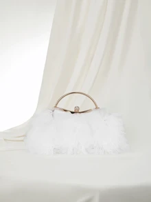 Clariva 2025 Spring/Summer New Arrival White Romantic Wedding Season 1pc White Mesh Ruffle Tassel Buckle Rhinestone Decorated Handbag, High-End Women's Luxury Dress Evening Bag, Bridal Wedding Party Clutch - White - View 1