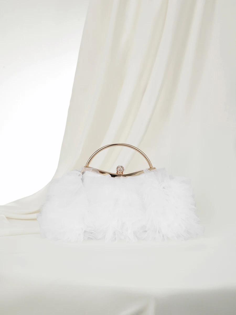 Clariva 2025 Spring/Summer New Arrival White Romantic Wedding Season 1pc White Mesh Ruffle Tassel Buckle Rhinestone Decorated Handbag, High-End Women's Luxury Dress Evening Bag, Bridal Wedding Party Clutch - White - View 1