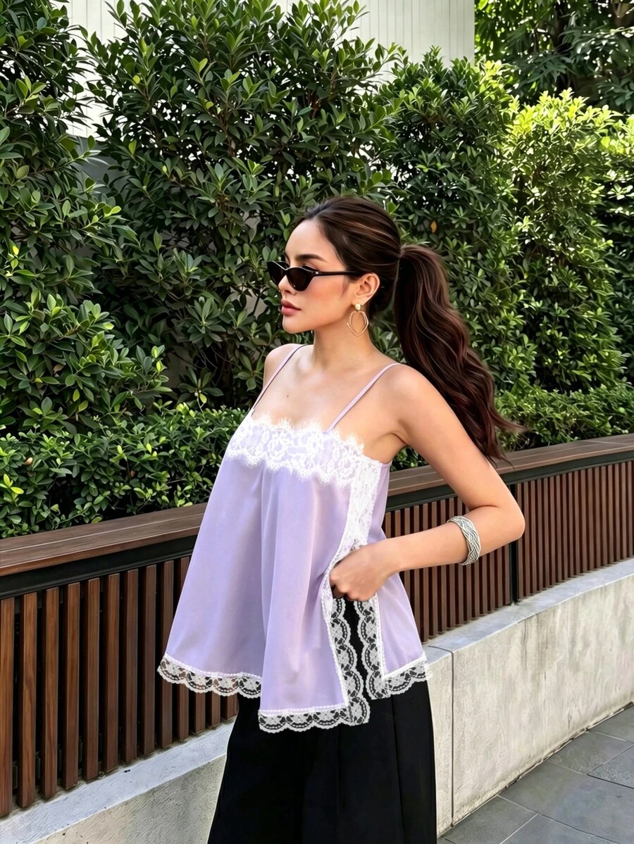 女款緞面蕾絲飾邊細肩帶背心上衣,迷人側開衩卡其色夏季休閒背心 - 淡紫色 - 查看 1