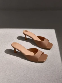 NobleVue Spring/Summer Fashion Square Toe Stiletto Heel Mule Sandals, Slip-Resistant Sole, Decorative Design, Open Toe, Elegant Ladies High Heel Slippers - Camel - View 1
