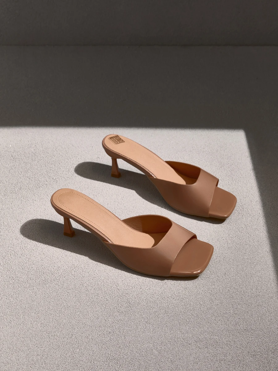 NobleVue Spring/Summer Fashion Square Toe Stiletto Heel Mule Sandals, Slip-Resistant Sole, Decorative Design, Open Toe, Elegant Ladies High Heel Slippers - Camel - View 1