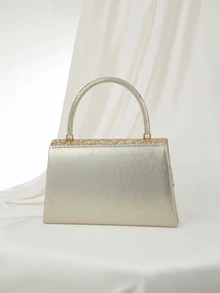 Clariva Bolso de noche para mujer, embrague de moda con tela brillante, bolso de gran capacidad, decoración de metal en forma de V de lujo, adecuado para bodas, fiestas, reuniones, eventos, regalo de cumpleaños, regalo del Día de San Valentín - Dorado - Ver 3