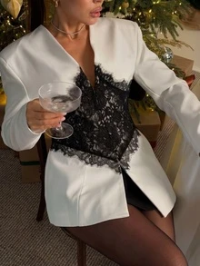 女款純色蕾絲拼接休閒西裝外套，歐美風蕾絲拼接收腰無領V領修身白色西裝，秋季款 - 白色 - 查看 2