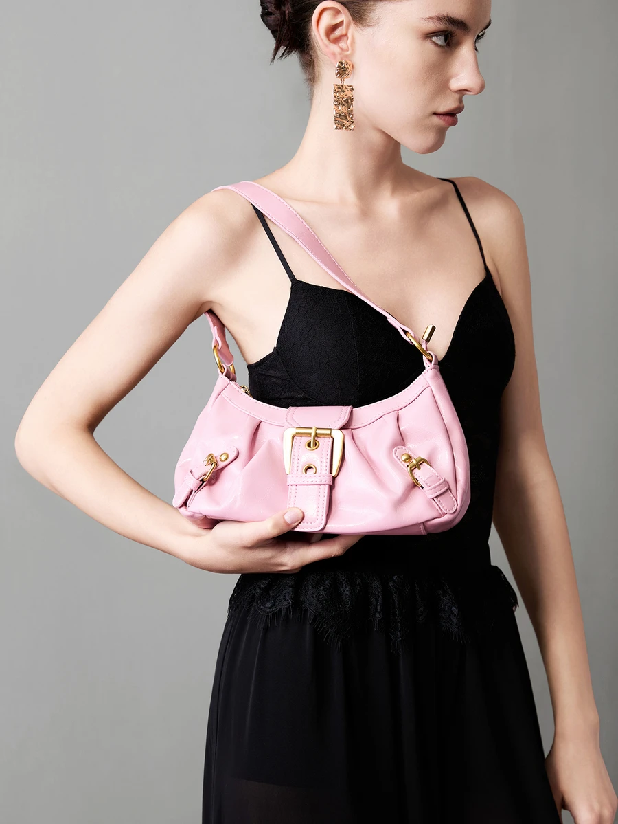 CHICVUE Y2K Women's Vintage Miradet Distressed Soft Leather Motorcycle Bag With Rivets, Buckle Decor, Pleated Cloud Shoulder/Underarm Bag, Suitable For Work - Pink - View 1