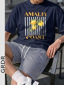 GRDR 男士圆领短袖T恤和抽绳短裤休闲套装 - 藏蓝色 - 查看 1