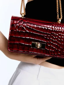 CHICVUE Faux Leather Solid Color Crocodile Embossed Fashion Mini Chain Crossbody Bag - Burgundy - View 5