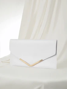 Clariva Elegant White Envelope Clutch With Chain Strap For Party - White - View 2