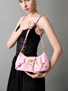 CHICVUE Y2K Women's Vintage Miradet Distressed Soft Leather Motorcycle Bag With Rivets, Buckle Decor, Pleated Cloud Shoulder/Underarm Bag, Suitable For Work - Pink - View 3