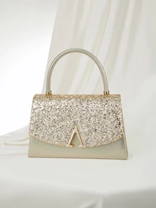 Clariva Bolso de noche para mujer, embrague de moda con tela brillante, bolso de gran capacidad, decoración de metal en forma de V de lujo, adecuado para bodas, fiestas, reuniones, eventos, regalo de cumpleaños, regalo del Día de San Valentín - Dorado - Ver 1