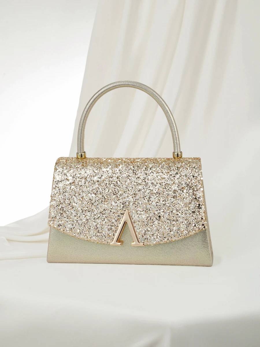 Clariva Bolso de noche para mujer, embrague de moda con tela brillante, bolso de gran capacidad, decoración de metal en forma de V de lujo, adecuado para bodas, fiestas, reuniones, eventos, regalo de cumpleaños, regalo del Día de San Valentín - Dorado - Ver 1
