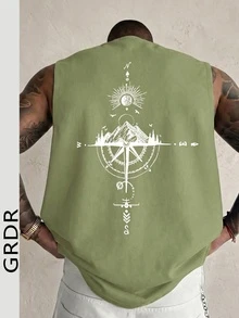 GRDR 男士夏季指南针和山峰印花休闲无袖背心 - 薄荷綠 - 查看 2