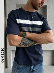GRDR 1 Peça Camiseta Masculina de Gola Redonda Casual de Negócios com Contraste de Cores, Novidade de Verão - Azul Marinho - Visão 1
