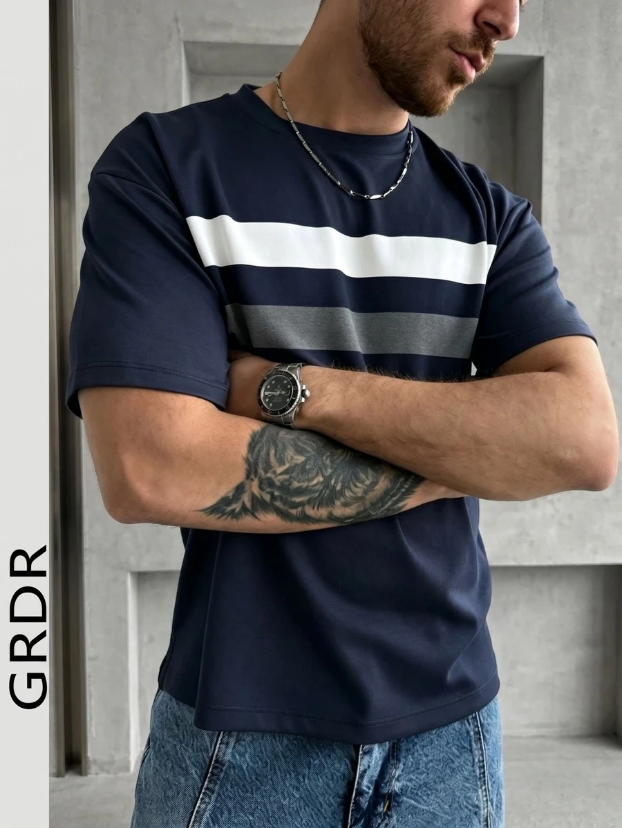 GRDR 1 Peça Camiseta Masculina de Gola Redonda Casual de Negócios com Contraste de Cores, Novidade de Verão - Azul Marinho - Visão 1