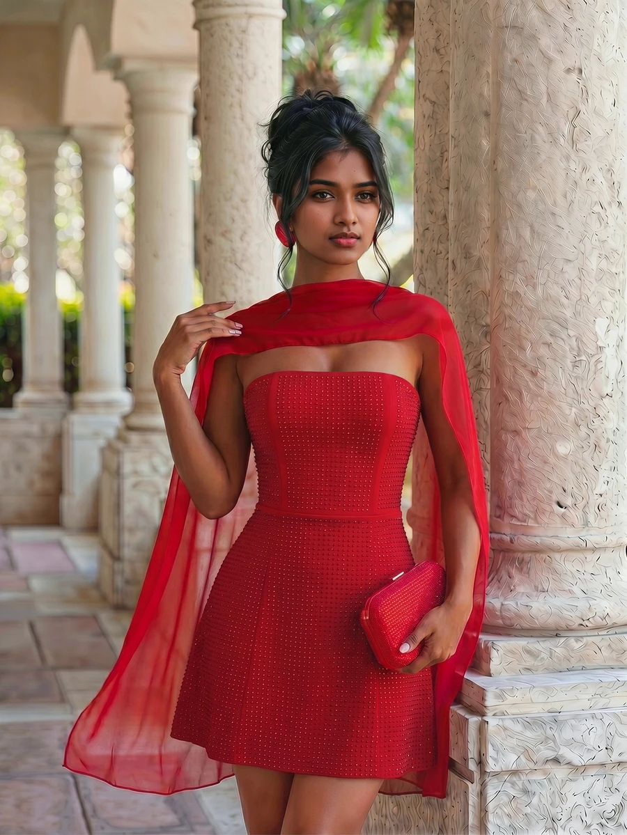Red Rhinestone Strapless Mini Dress Shawl 2Pcs Set, Tie Back Slim Formal Gown, Elegant Wear For Wedding Guest, Date, Birthday, Cocktail Party & Dinner