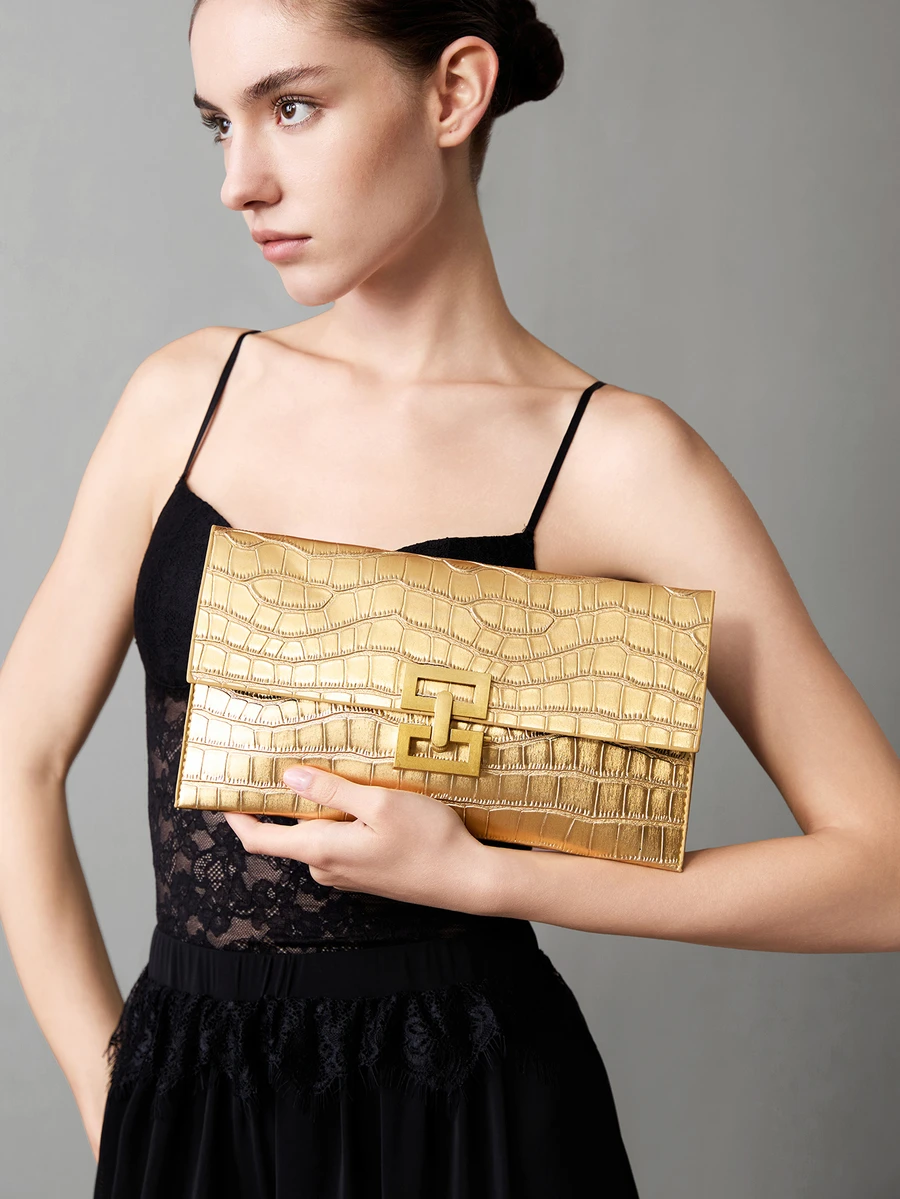 CHICVUE Fashion Crocodile Patterned Pu Material Clutch Bag With Metallic Locking Clasp, Shiny Elegant Party Bag Suitable For Women's Daily, Work, Parties - Gold - View 1