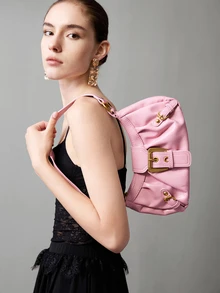 CHICVUE Y2K Women's Vintage Miradet Distressed Soft Leather Motorcycle Bag With Rivets, Buckle Decor, Pleated Cloud Shoulder/Underarm Bag, Suitable For Work - Pink - View 5