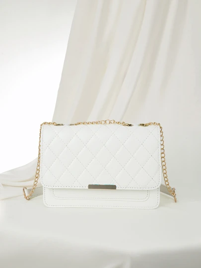 Clariva Modieuze effenkleurige gewatteerde schoudertas met ketting, vierkante mini-crossbodytas met ruitvormige gewatteerde klep, casual dameshandtas voor woon-werkverkeer, reizen, telefoon en lippenstift